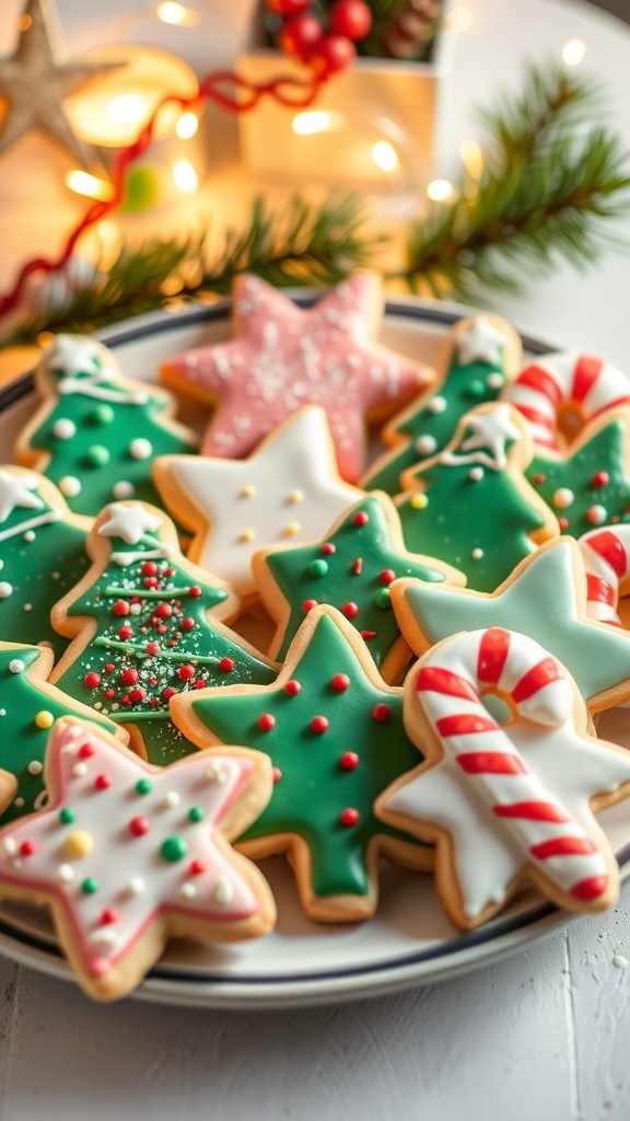 Christmas List Aesthetic Recipe A festive platter of decorated Christmas cookies in various shapes, surrounded by holiday decorations.